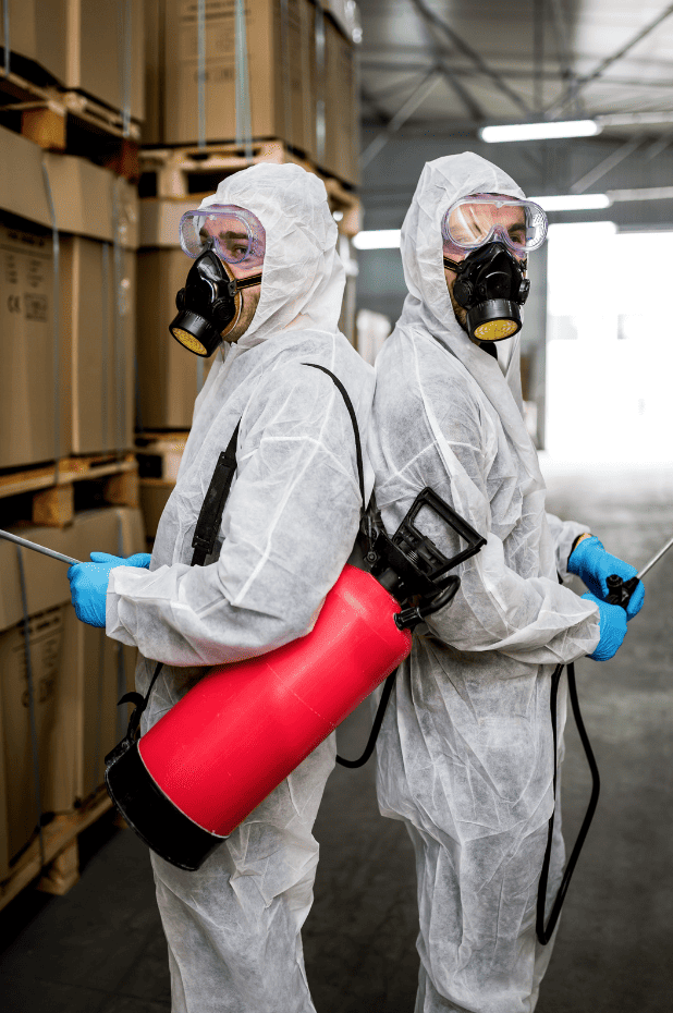 Two masked pest control officers standing back-to-back in a warehouse