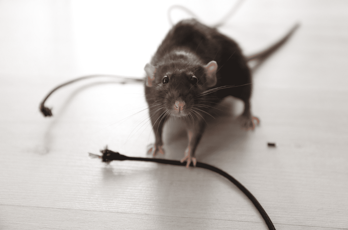 rat with a gnawed electrical wire in its paws