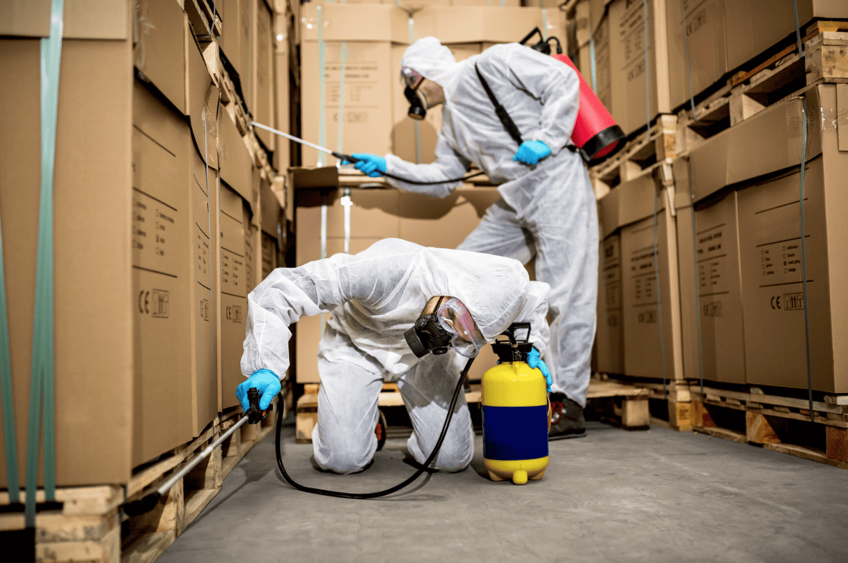 Two pest control agents in shell suits spraying around boxes in a warehouse